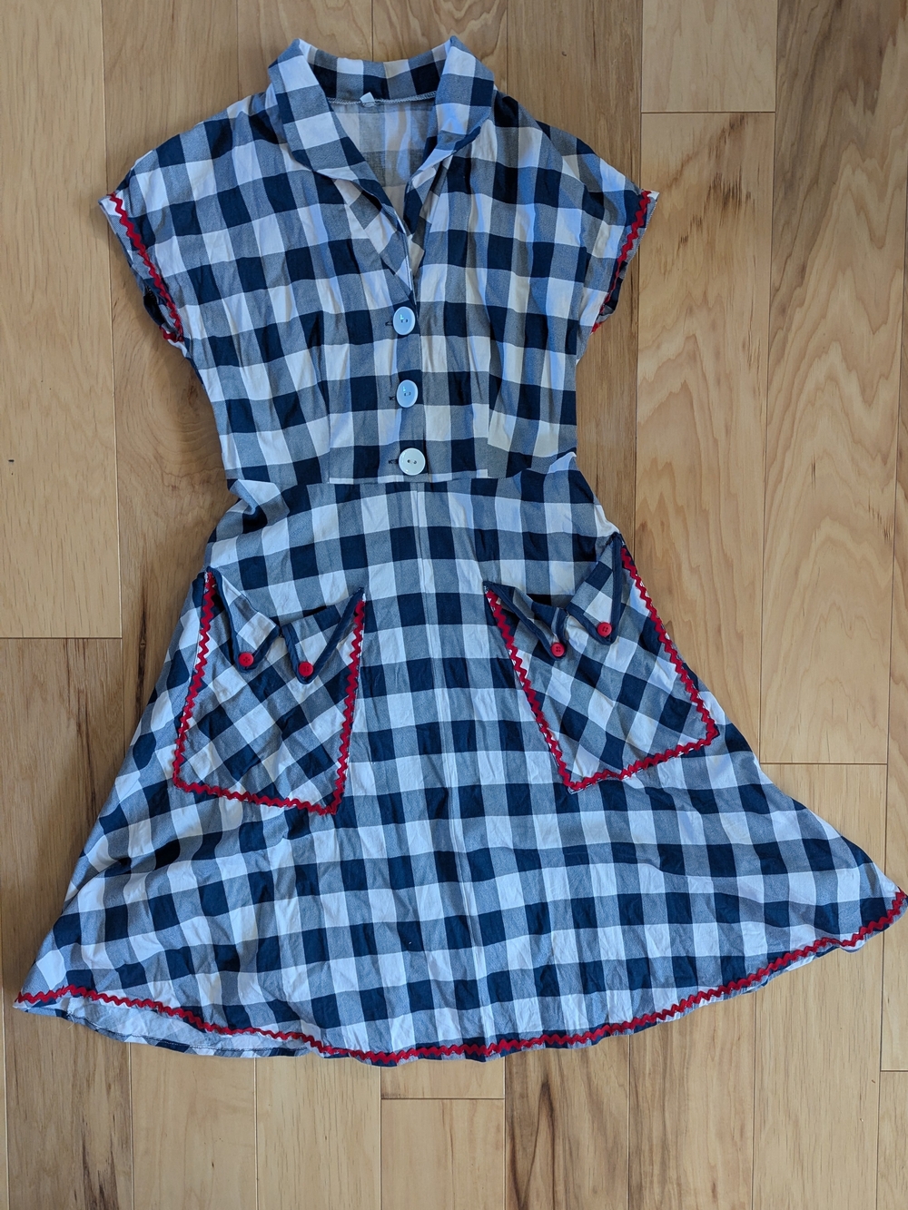 Navy and White Gingham Dress with Red rick Rack
